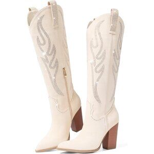 Women's Beige Rhinestones Embroidered Pointed Toe Chunky Heel Knee High Boots